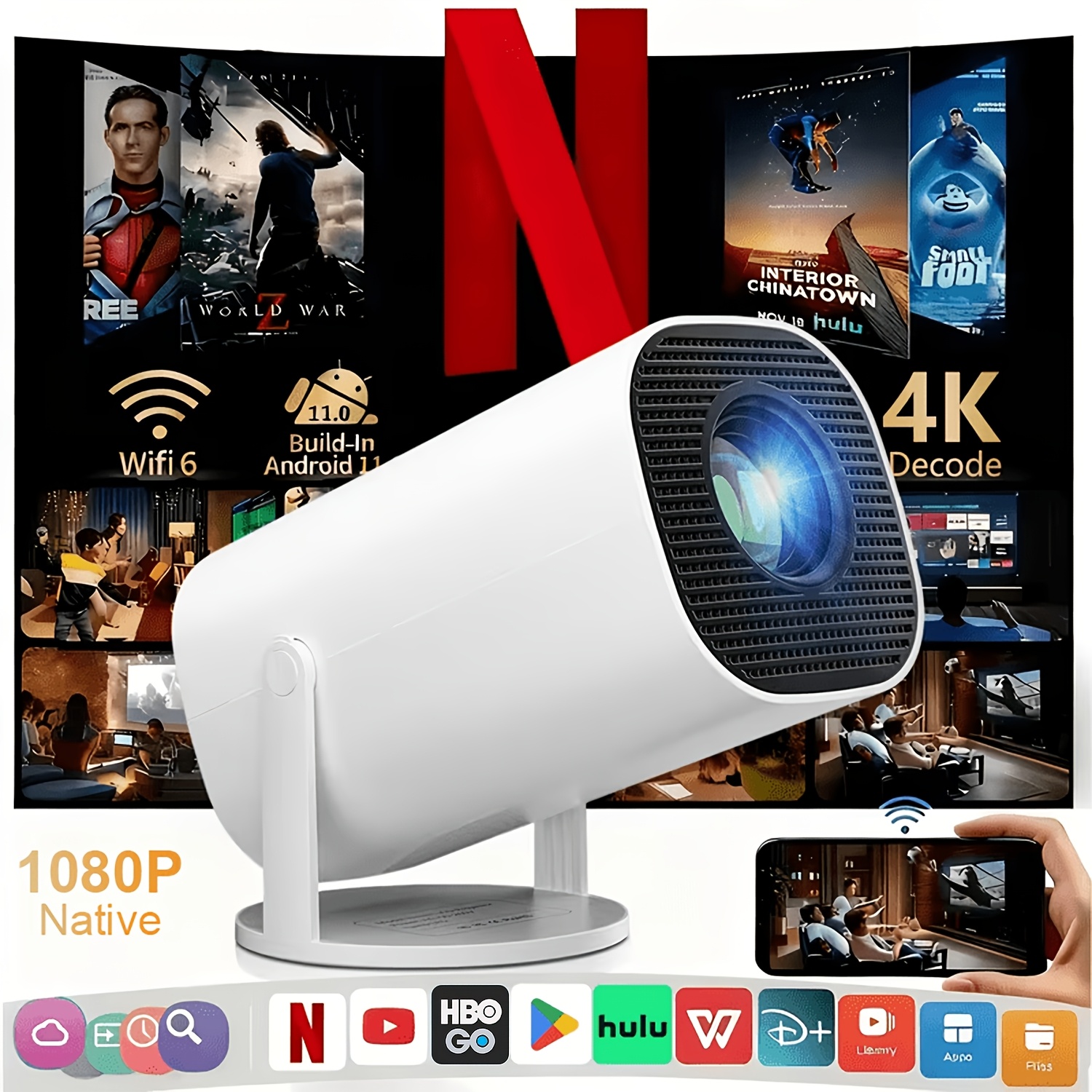 TEMU Projecteur vidéo avec objectif haute résolution 1080P, prise en charge de la lecture 4K, équipé de Wi-Fi et Bluetooth. Il dispose d'une