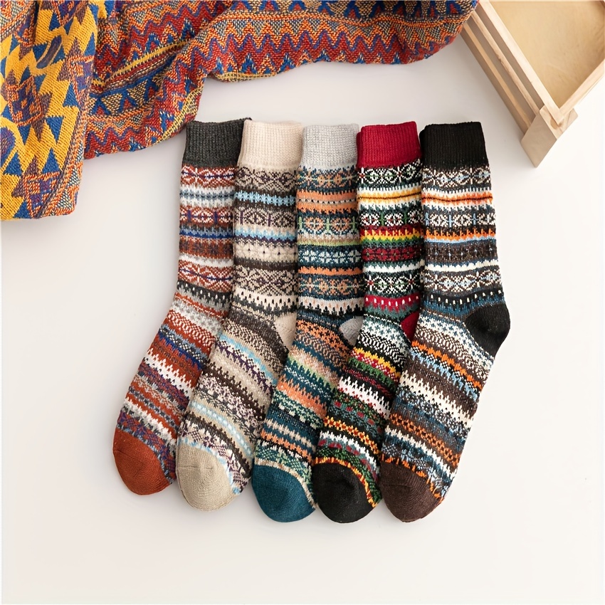 

5 paires de chaussettes vintage rétro colorées pour hommes, style ethnique, en coton mélangé thermique, tricotées, confortables, respirantes, douces et élastiques, bonneterie pour hommes