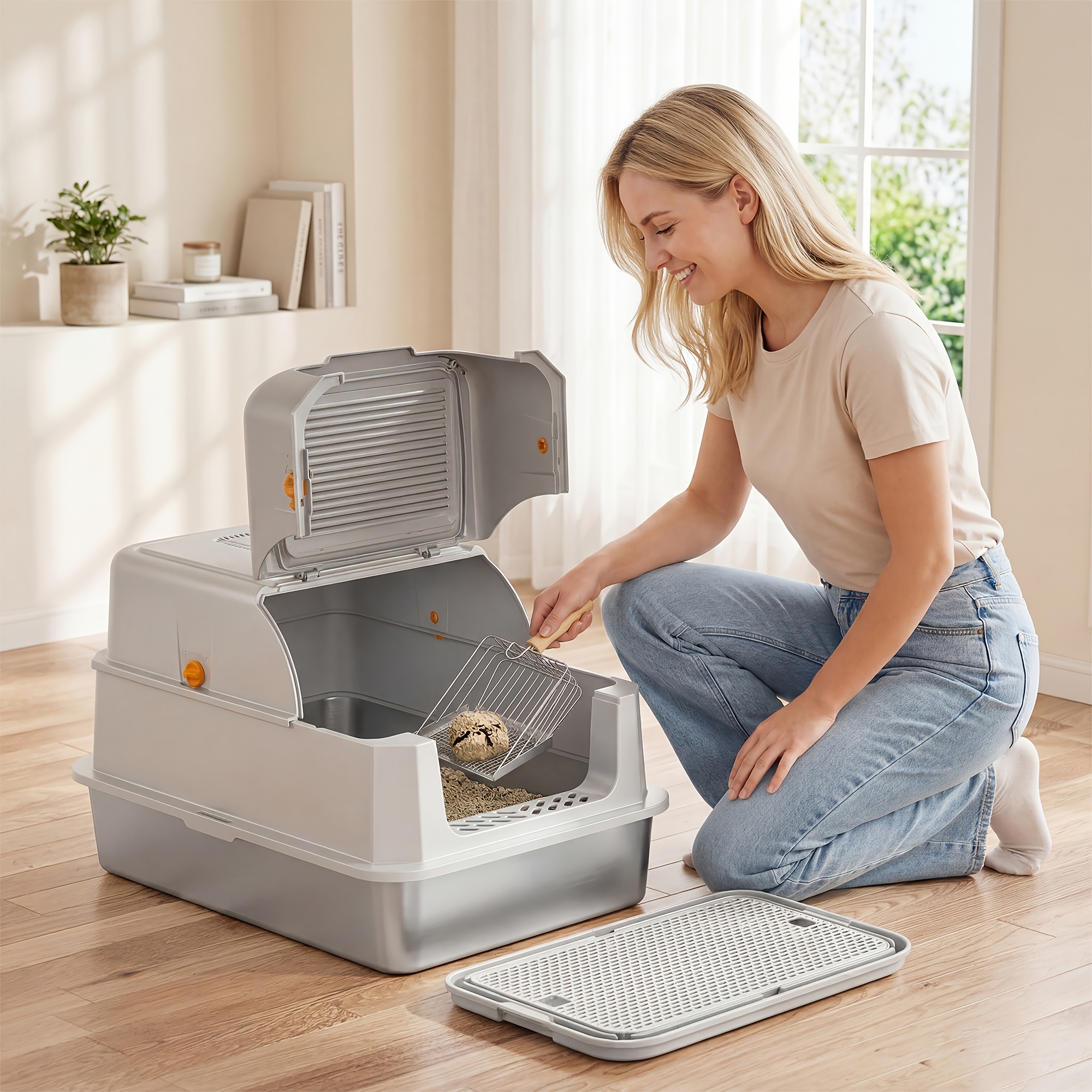 Image of Stainless Steel Top-entry Cat Litter Box 3-in-1 Switchable (fully Enclosed/semi-enclosed/open) 85l Super Large Capacity 180° Flip Cover For , And Scratch-resistant, Suitable For And Senior Cats