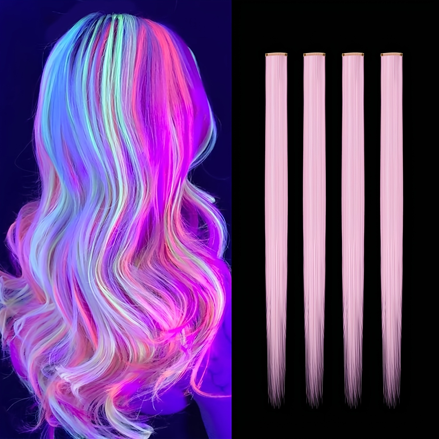 TEMU 4 Stk. Synthetische Haarverlängerungen mit leuchtendem fluoreszierendem Glanz für Damen – Clip-In, glatt & weich, einfach anzulegen für Partys,