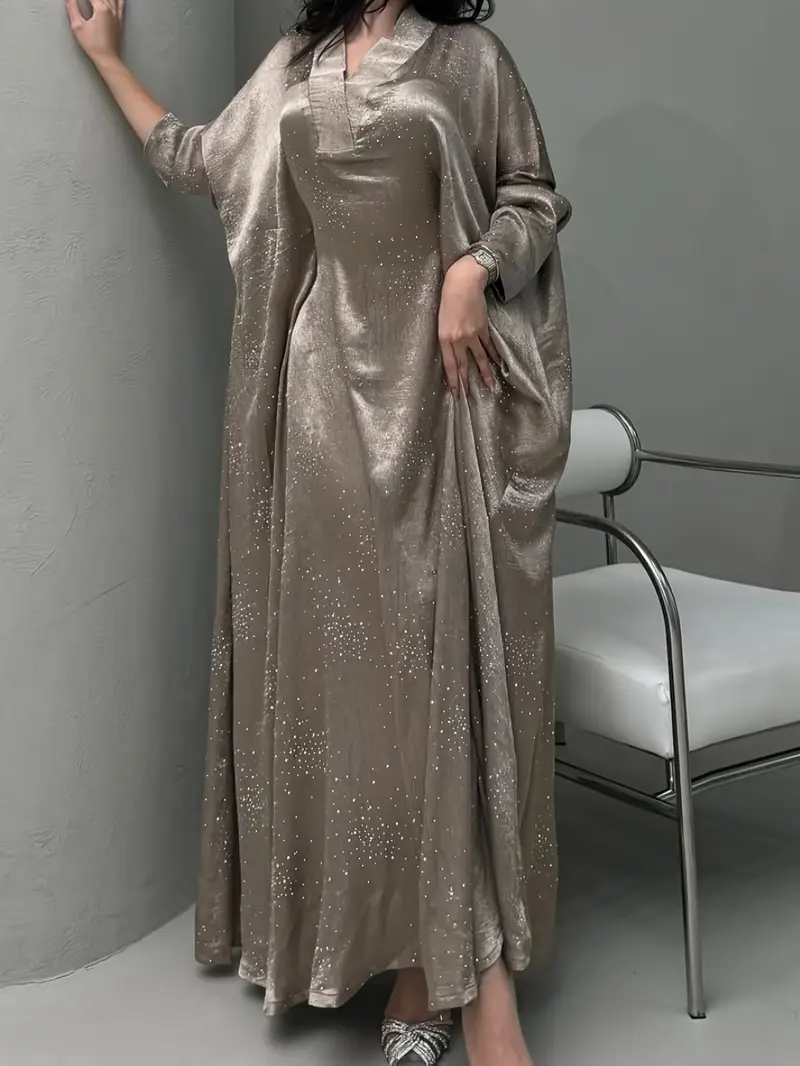 elegant long sleeve abaya dress with sparkling shoulder sequins modest muslim womens burgundy traditional robe floor length non stretch fabric for spring summer hand clean muslim dress Product details 4