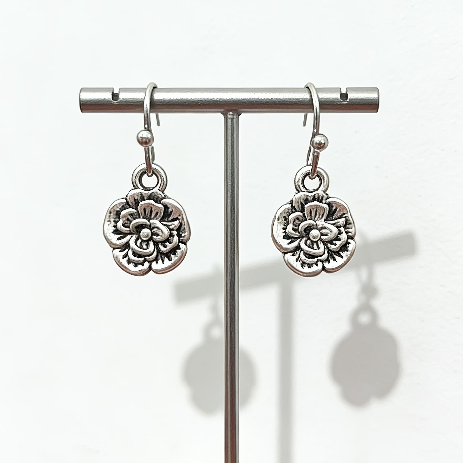 Women's Silvery Floral Drop Earrings — Vintage Distressed Style