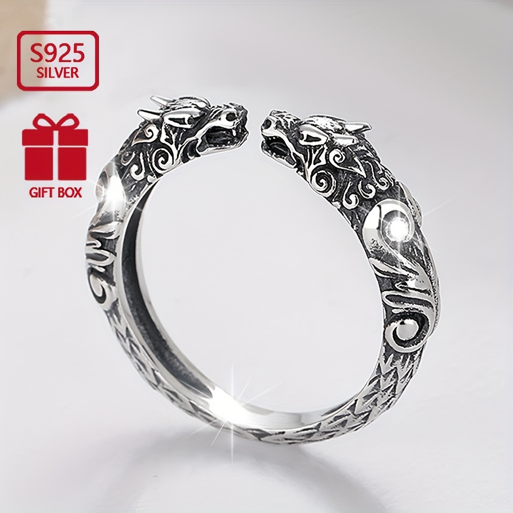 

S925 Pure Silver Double Dragon Head Open Ring - Suitable For Parties And Gifts, With A Vintage And Ethnic Design For Men And Women