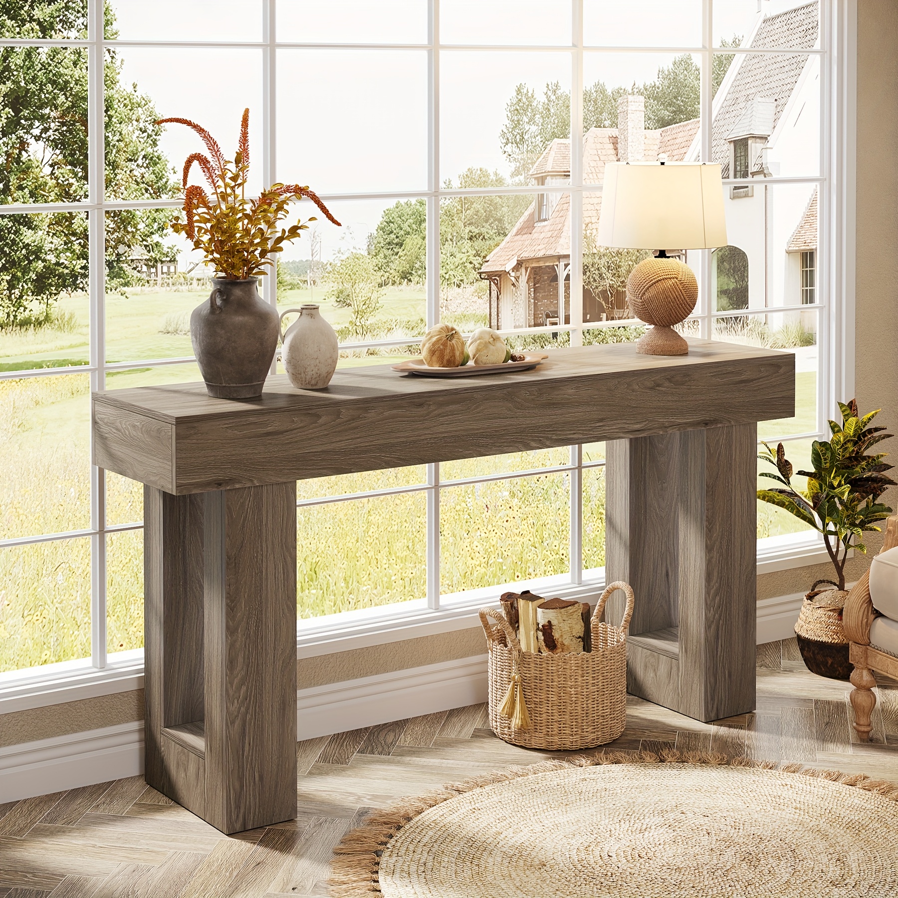 HOKYHOKY Reclaimed Solid Wood Console Table, 59" Long Farmhouse Entryway Tables, Rectangular Couch Table Behind Sofa, 2 Tiers Accent Tables For Hallway, Entrance, Foyer, Living Room