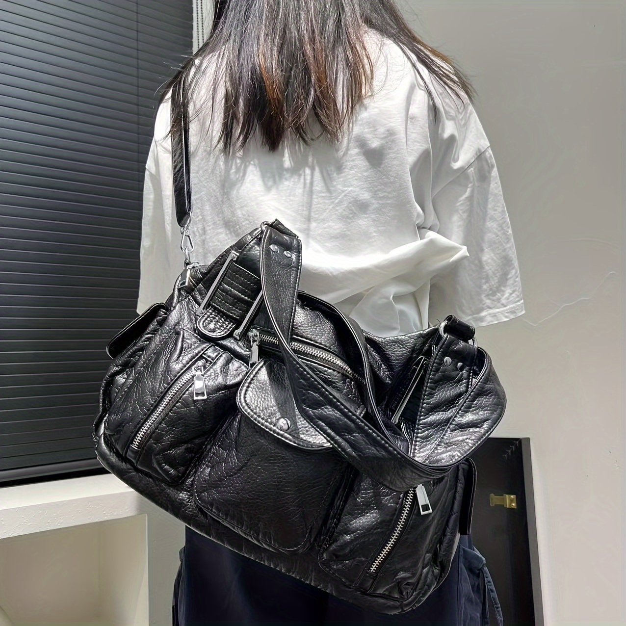 y2k style womens tote bag solid black synthetic leather - Temu