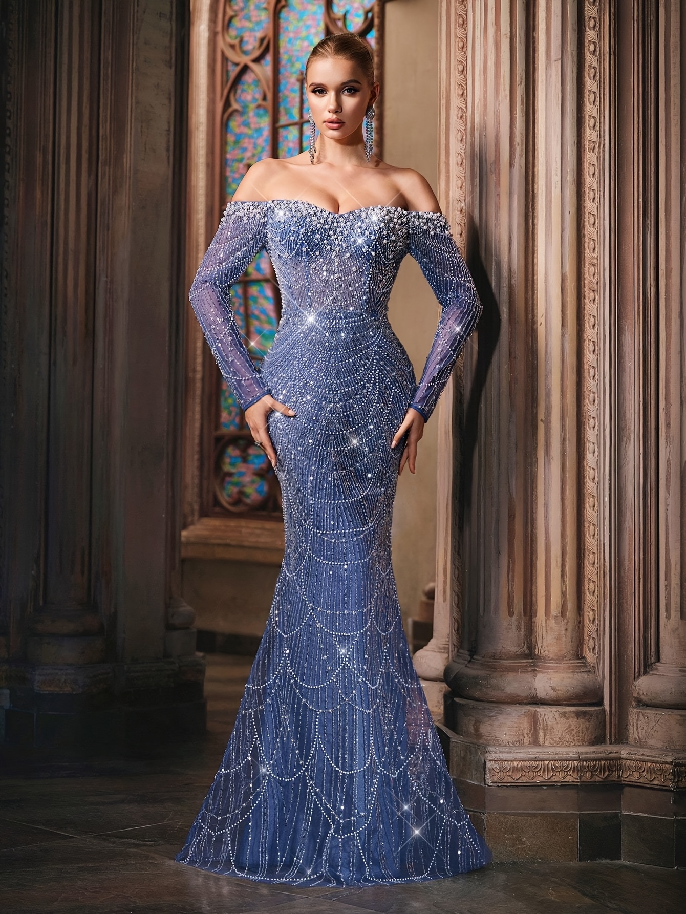 qoq sparkling goddess blue sequin shoulder strapless - Temu Bahrain