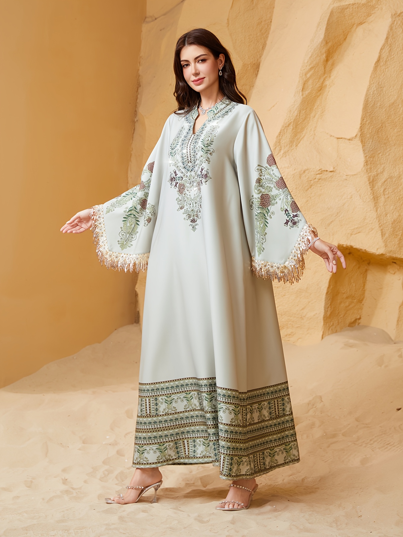 green emerald velvet dress Vsadsau Muslim Evening Dress Satin Islamic Abaya Women Turkey Arab Kaftan  Middle East African Maxi Dress Beige at Amazon Women's Clothing store main image 1