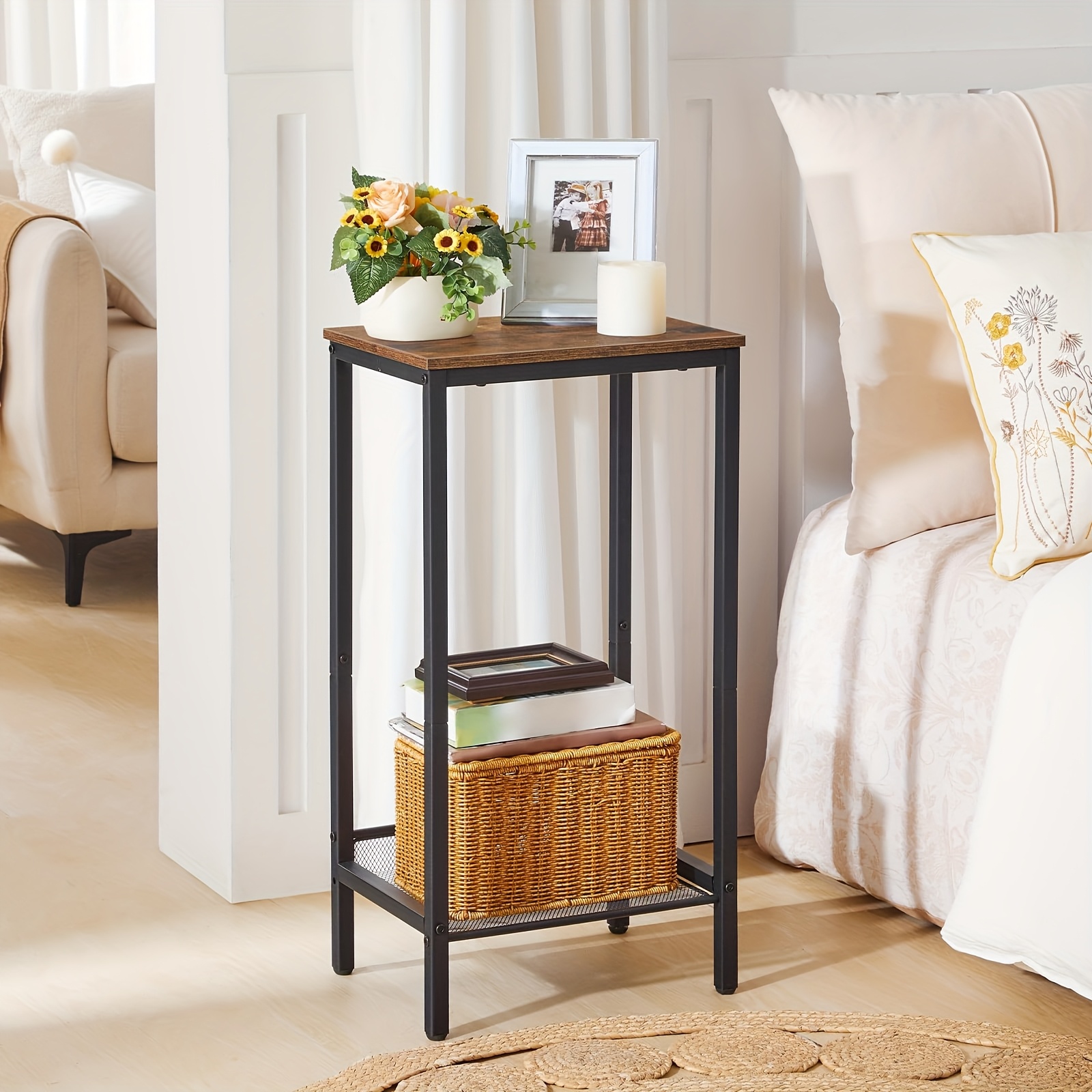 Image of Tall Phone Stand Featuring A Mesh Shelf, Slim Side Table, Or Sofa Table, Measuring 38 X 28 X 73.5 Cm, Suitable For Office Corridors, Living Areas, With An Industrial Style In Dark Brown