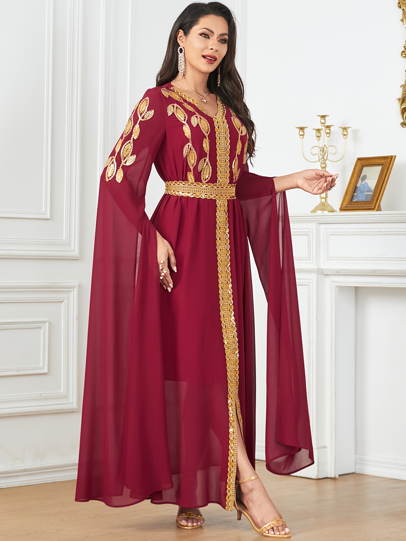 Maroon Dress With Gold Belt CONTRAST MIDI DRESS WITH WAISTCOAT AND