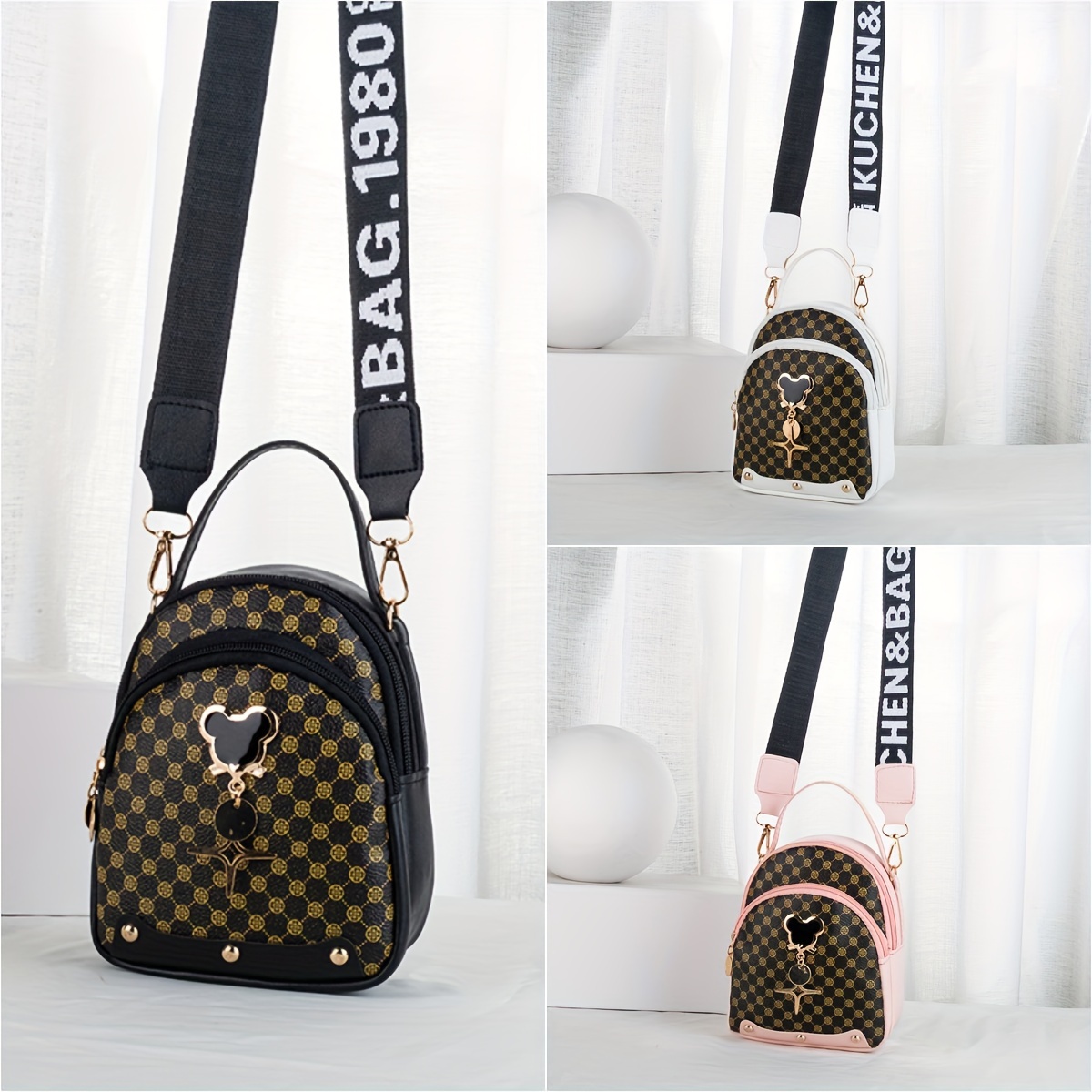 

Fashion Print Crossbody Bag For Women With Mouse Charm, Personalized Cell Phone Pouch With Letter Wide Strap