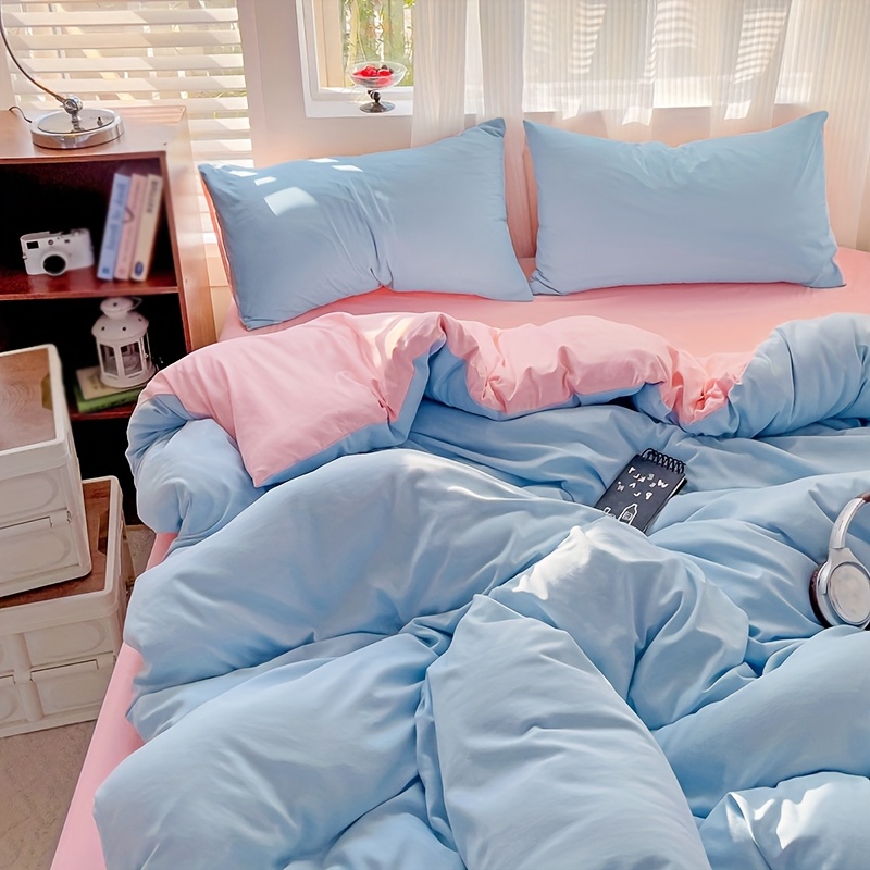 3pcs Minimalist 90g Brushed Polyester Solid Color Dual-layer Duvet Cover Set, Includes 1 Duvet Cover And 2 Pillowcases, Sky Blue And Pink