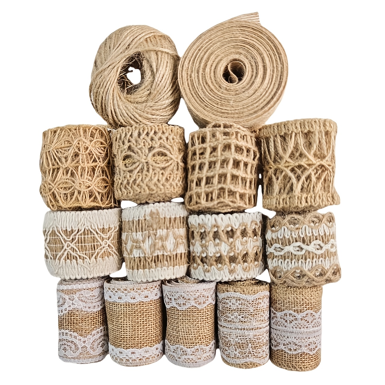 TEMU 15pcs Ruban de filet en jute naturelle - Rouleau de dentelle en fil de lin épais, ruban en coton de chanvre jaune - avec 5 mètres de ruban et 30