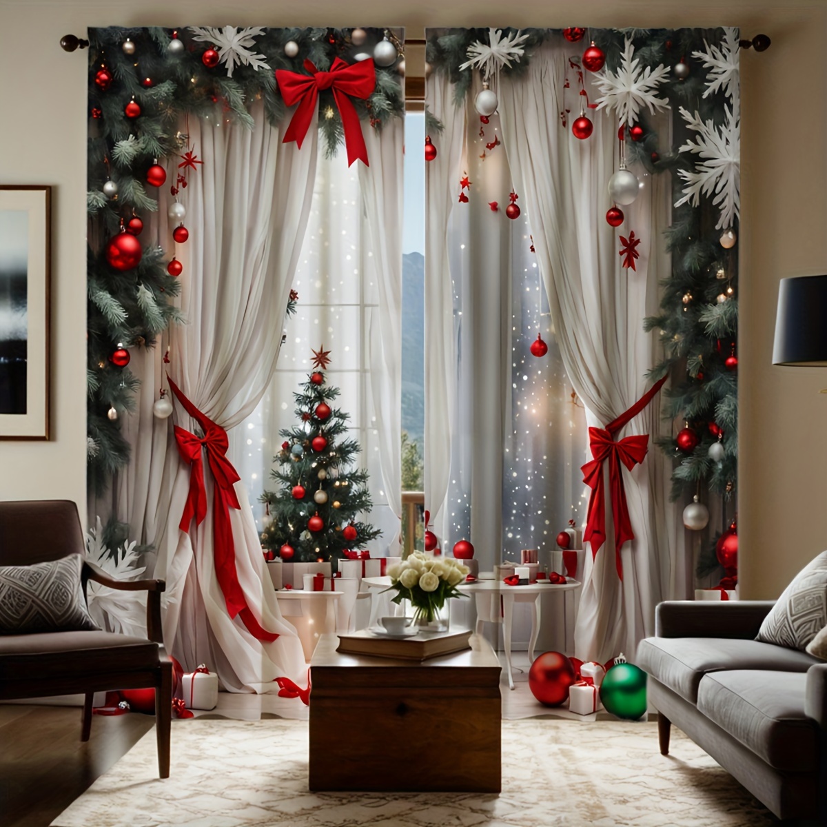 

[top-] 2pcs Christmas Bow & Curtains - , Rod For Hanging - For & Bedroom Decor