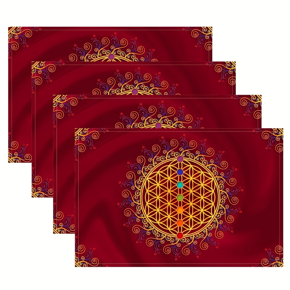 

4-pack Linen Placemats, 12x18 Inch, & Chakras Design, Spiritual Rectangle Table Mats, Machine Washable Woven Fabric For Dining & Home Decor, Sherluns11095