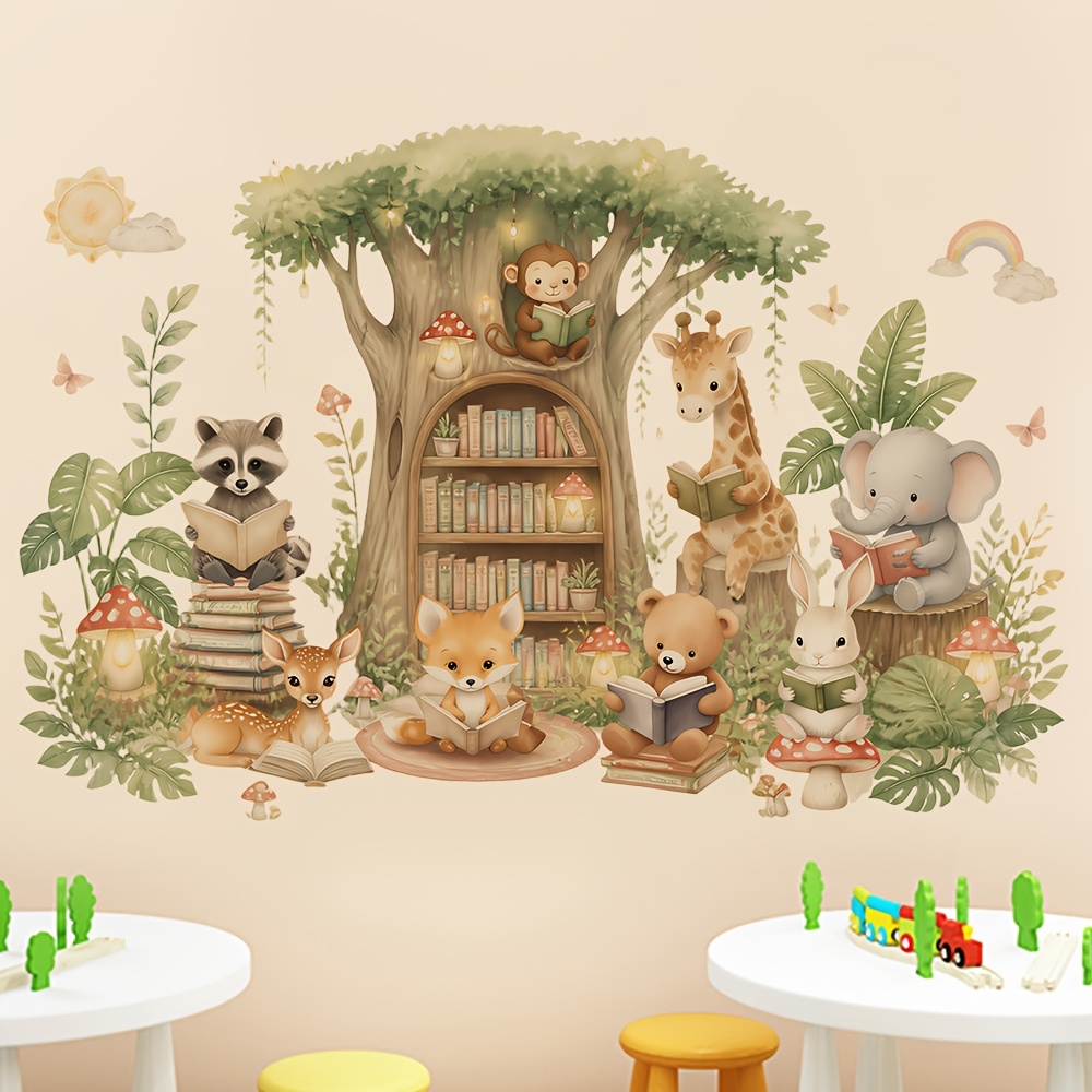 TEMU 1 adesivo da parete con animali della in di legno curativo, , , , orso e a leggere, per cameretta, , asilo , carta autoadesiva per un'