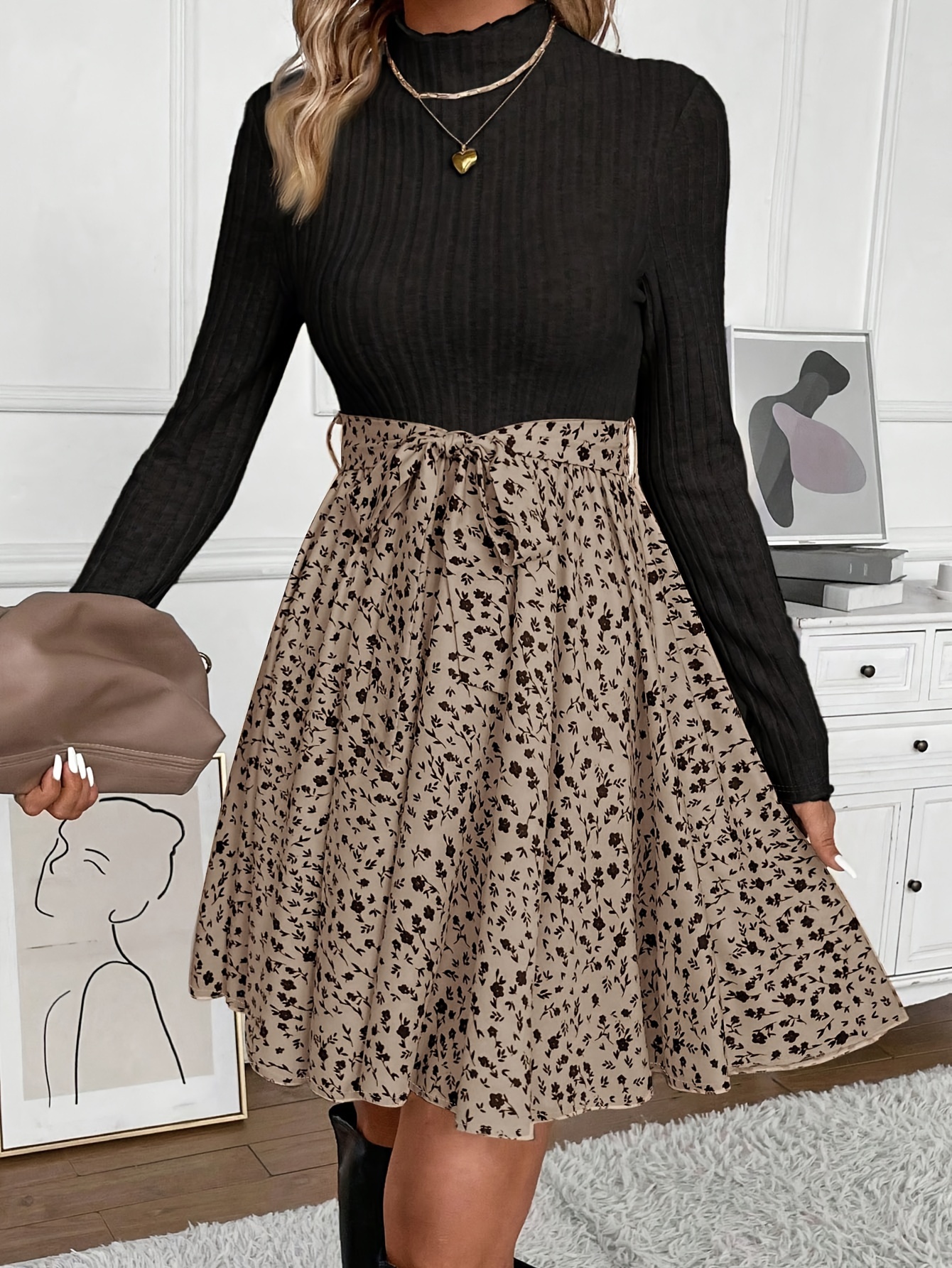 womens elegant floral print midi skirt ruched detail high Temu Chile