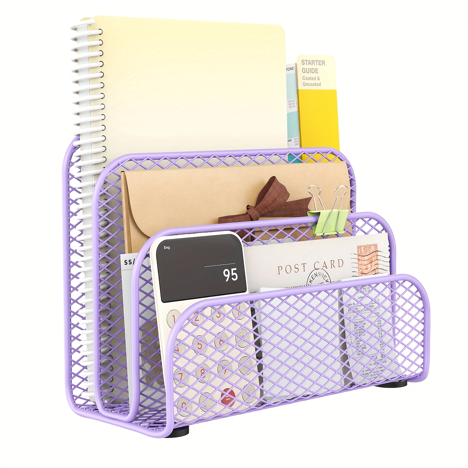 TEMU Desk Mail Organizer, File Holder Letter Sorter With 3 Vertical Upright Metal Mesh Compartments Document, Filing, Folders, Mail, Paper Organizer