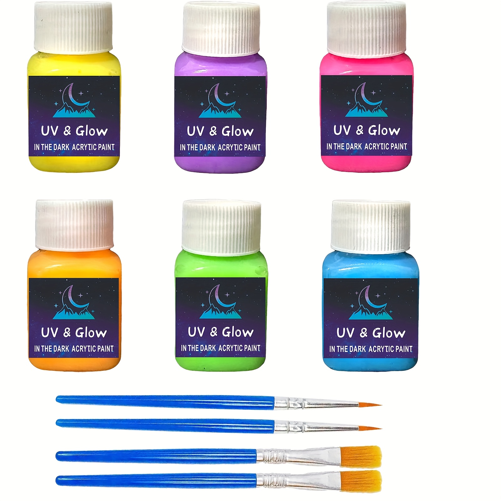 Image of -the-dark Paint Set - 6-color Tape And 4 Brushes, Acrylic Paints, Suitable For Decorative Painting, Art Painting, Outdoor And Indoor Crafts, Used On Canvas, Rock And Wood, High Color Palette