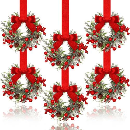 item picture 3 6pcs artificial christmas wreath artificial pine needle wreath mini christmas wreath with red velvet bow artificial pine needle ornament suitable for cabinet doors kitchen windowsill decoration halloween