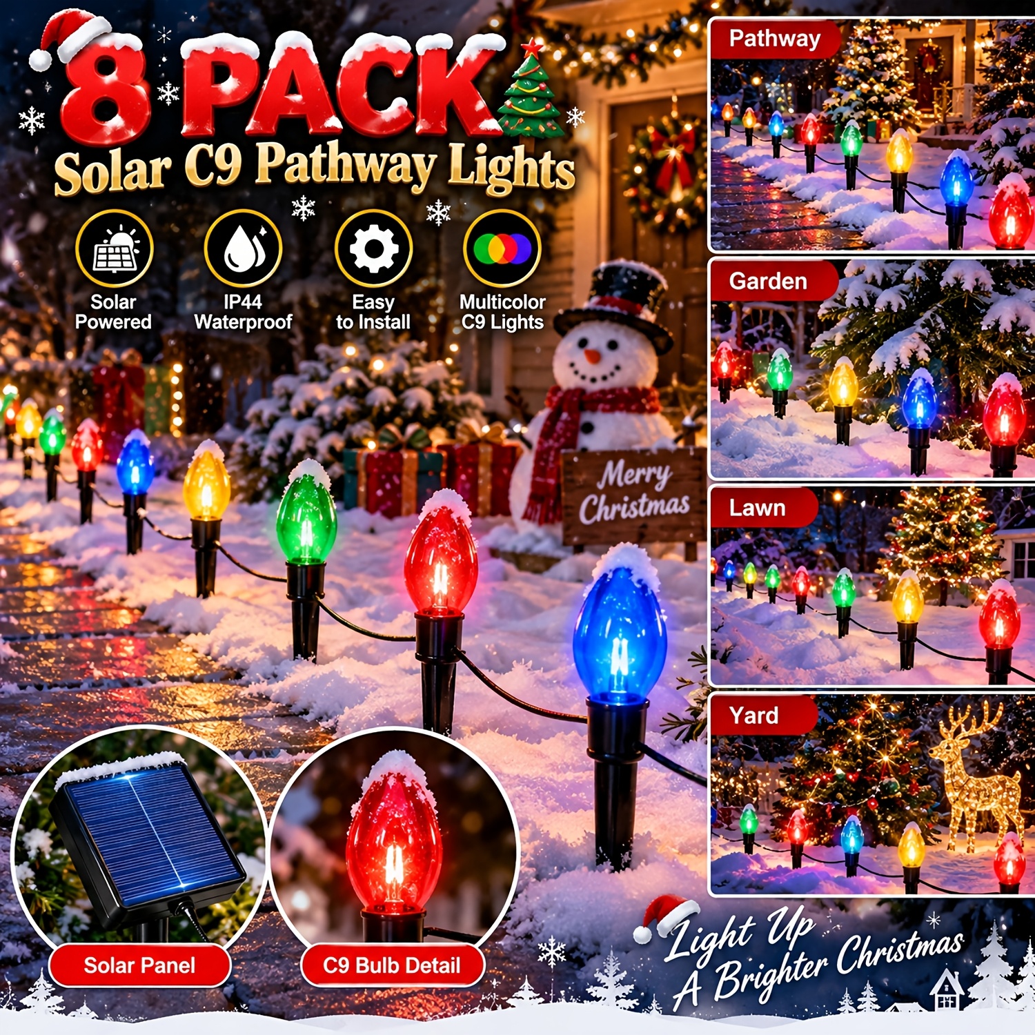 TEMU Solar C9 Light 2027 New Year Christmas Decorative Light With 3d Design, 8 , Colorful Christmas Lawn Stake Light, 8-bulb Solar Outdoor String