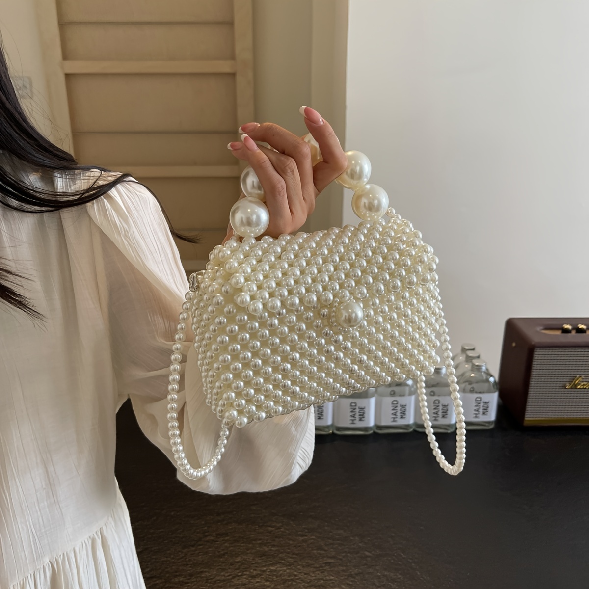 Image of Chic Beaded Handbag For Wo - Handmade Woven, Versatile Clutch/sling For Phone, Shopping & Evening Parties - Fashionable Pvc With Secure Closure