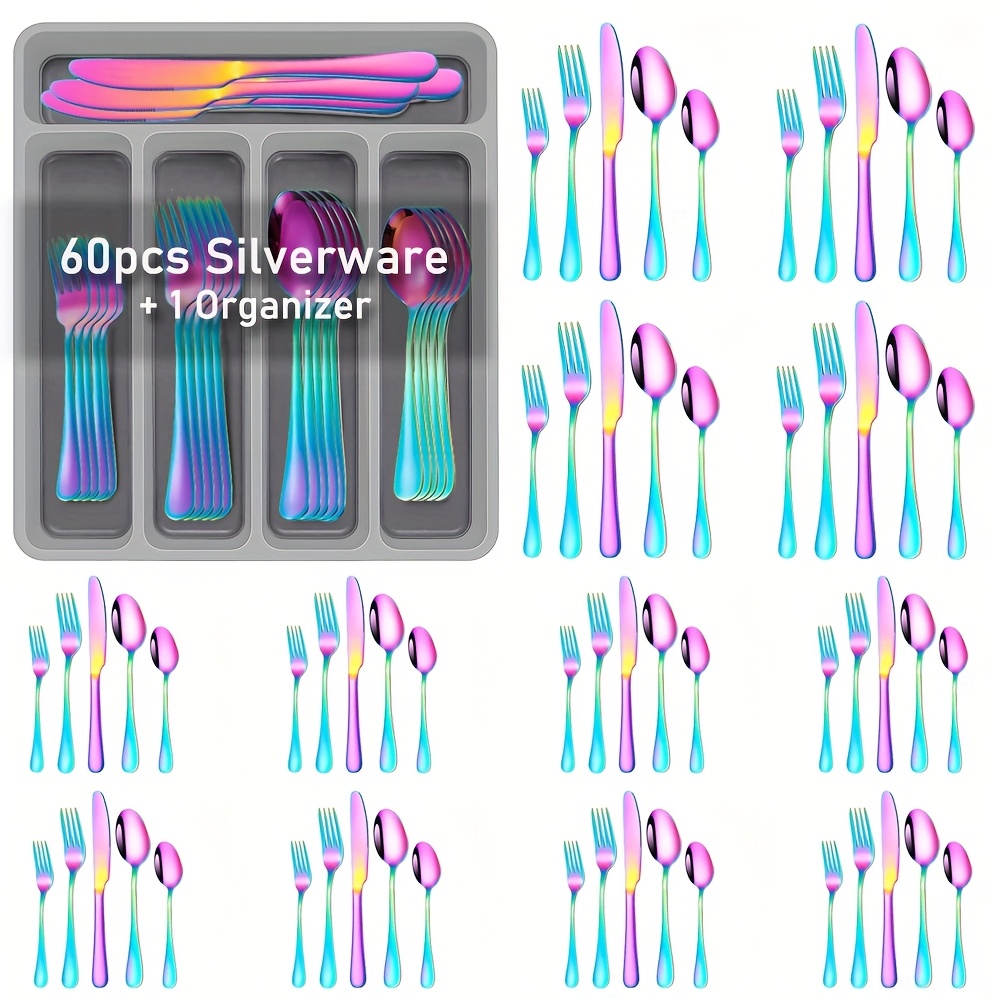 TEMU Christmas 60pcs Silverware Set With Organizer, Stainless Steel Flatware Set For 12, Cutlery Utensil Sets For , Tableware Set Forks Spoons And Knives, Mirror Polished, Dishwasher Safe