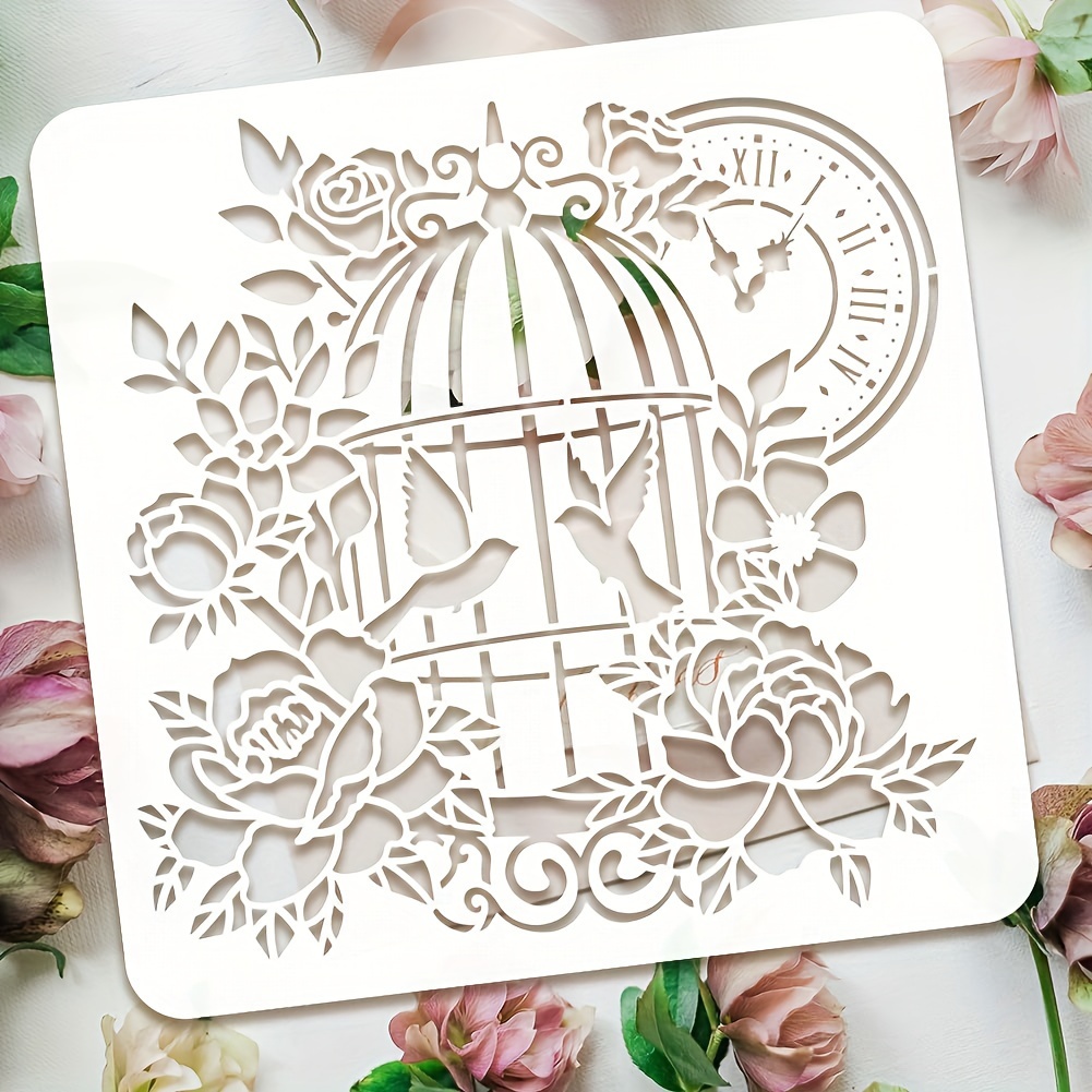 

1pc Birdcage Painting Stencil 11.8x11.8 Inch Large Birdcage Clock Stencil Reusable Flowers Leaf Birds Drawing Template Decorative Animal Theme Stencil For Painting On Wood Fabric Canvas