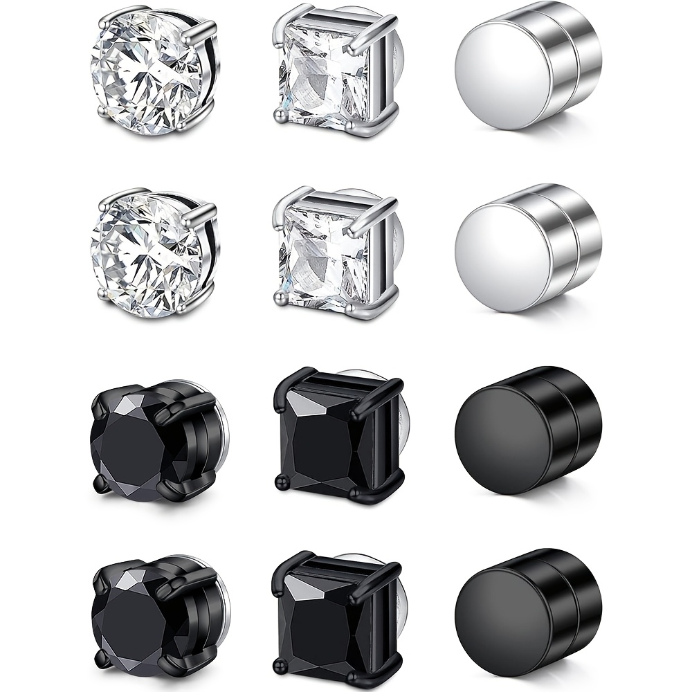 8 12pcs magnetic stud earrings for men round rhinestones square rhinestones embellished stud earrings