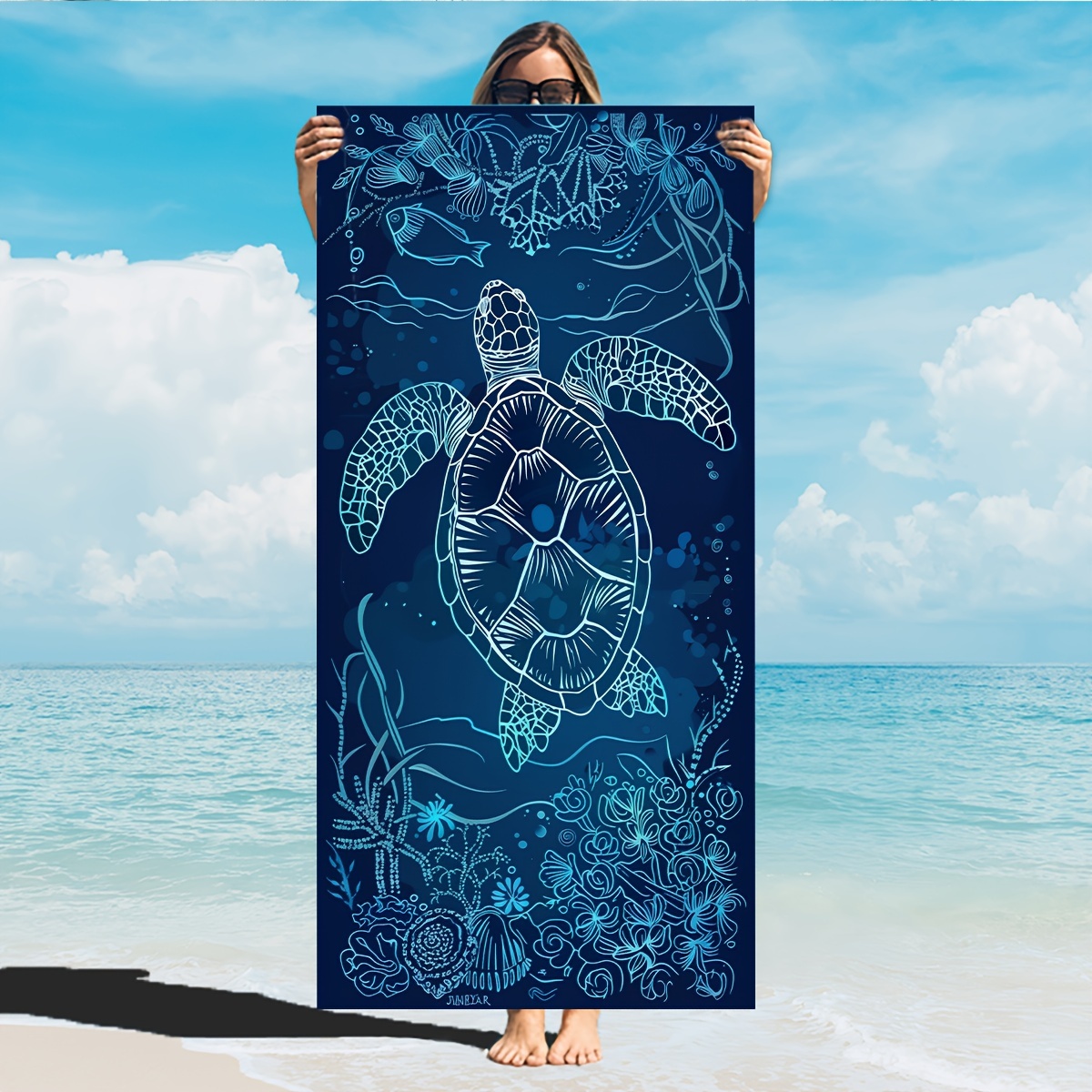 Soft Microfiber Beach Towel Sea Turtle And Coral Pattern Blue_voghion.com