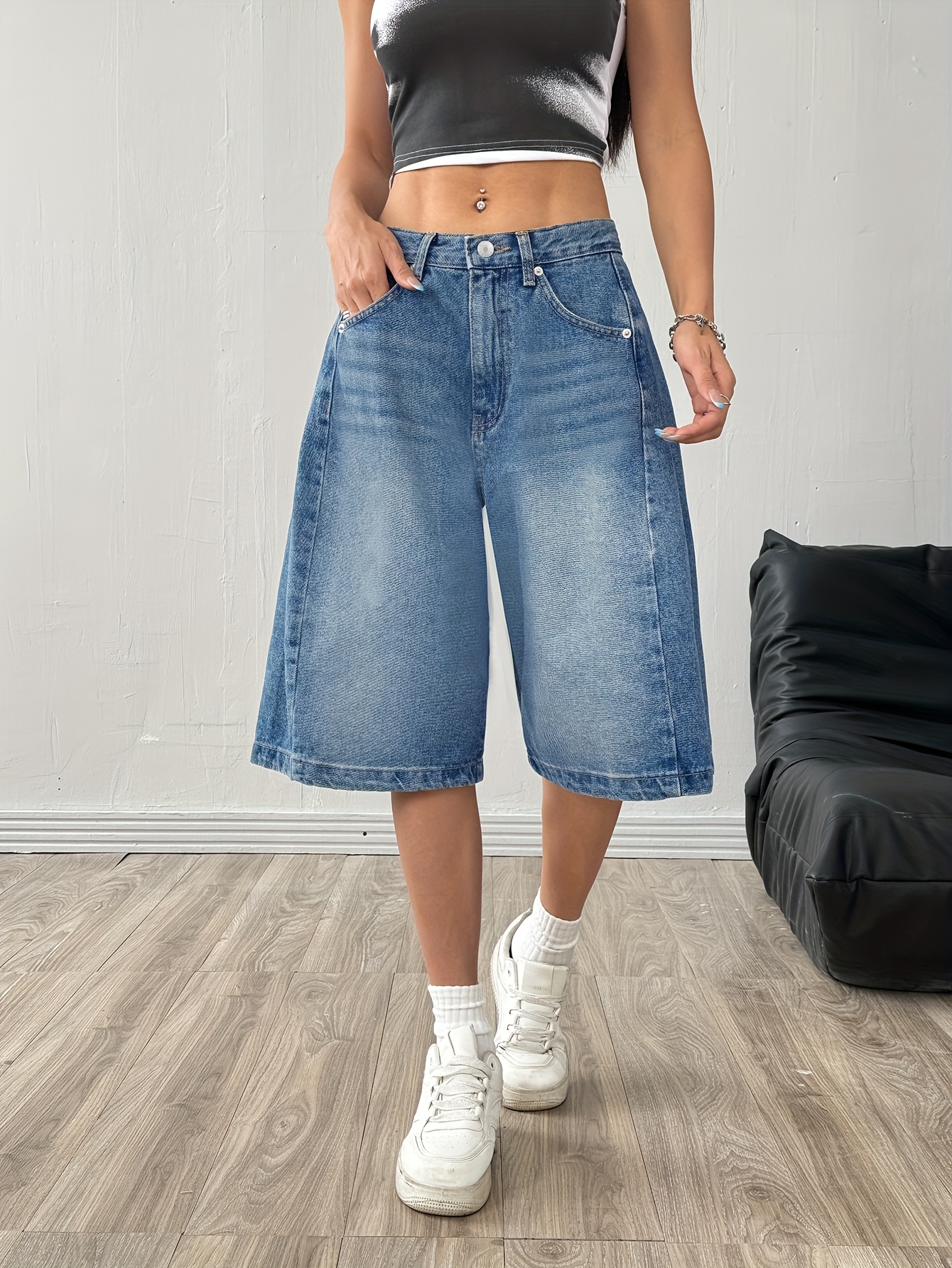 Women'S High-Waisted Wide-Leg Denim Shorts Relaxed Fit *-Length, Light  Blue Washed Jean Shorts for Spring/Summer, Casual Streetwear Style, Spring 