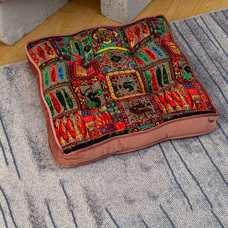 Image of 1pc Ethnic Style Floor Thickened Plush Cushion Long Sitting Seat Cushion Four-needle Pad Chair Mat Home Anti-slip Cushion