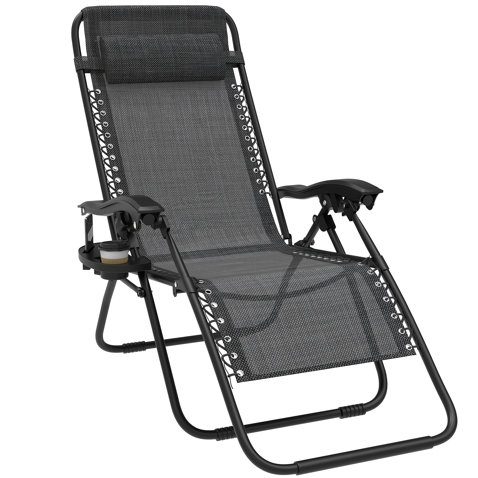 Loinklds Folding Lounge Chair With Cup Holder And Headrest 165 Degree Flat Adjustable Up To 150 Kg Load Capacity Memory Foam Metal Frame Lightweight And Portable Ideal For Camping Beach