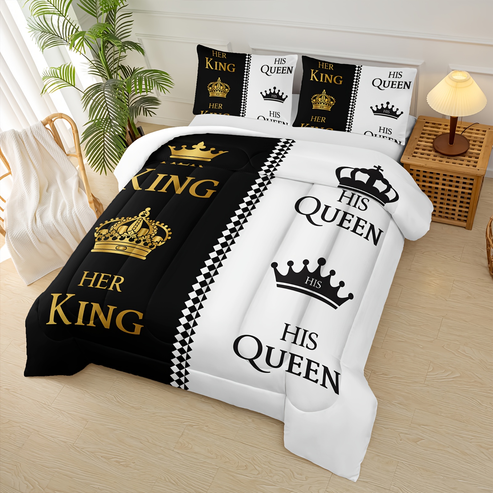 3pcs queen and   letter print couple comforter set his and hers quilt set black white   set romantic valentines day theme mr mrs bedding set for bedroom decor soft microfiber couple comforter set with 2 pillowcase Product details 2