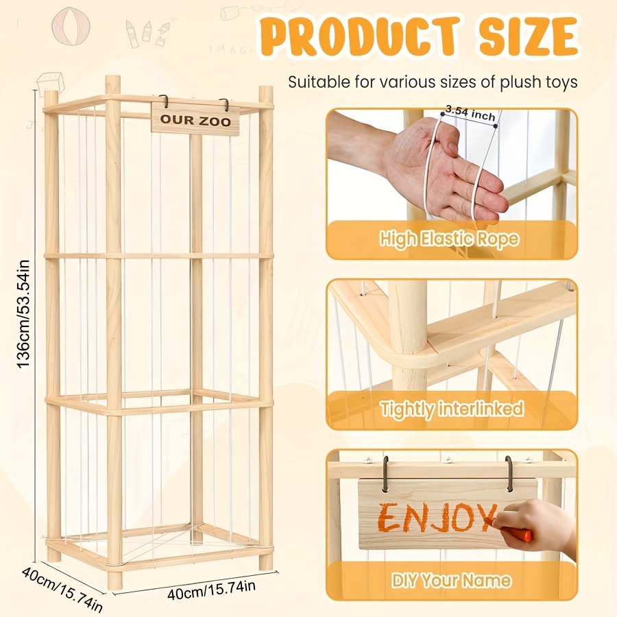 TEMU Organisateur de Rangement pour Animaux en Peluche, Porte-Jouets en Bois Animaux du Zoo, Cage de Grande pour Peluches pour Organisation de Salle