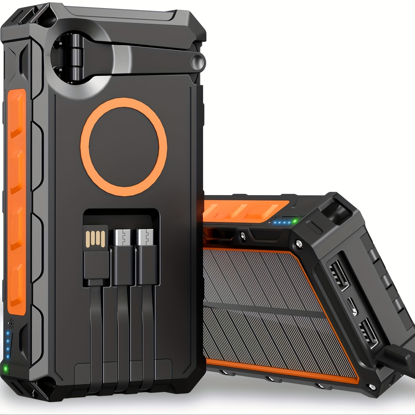 power bank wireless charger 30000mah   with a wire hand crank   cables 15w fast charging power   outputs 4   solar portable charger sos strobe strong flashlights orange Product details 1