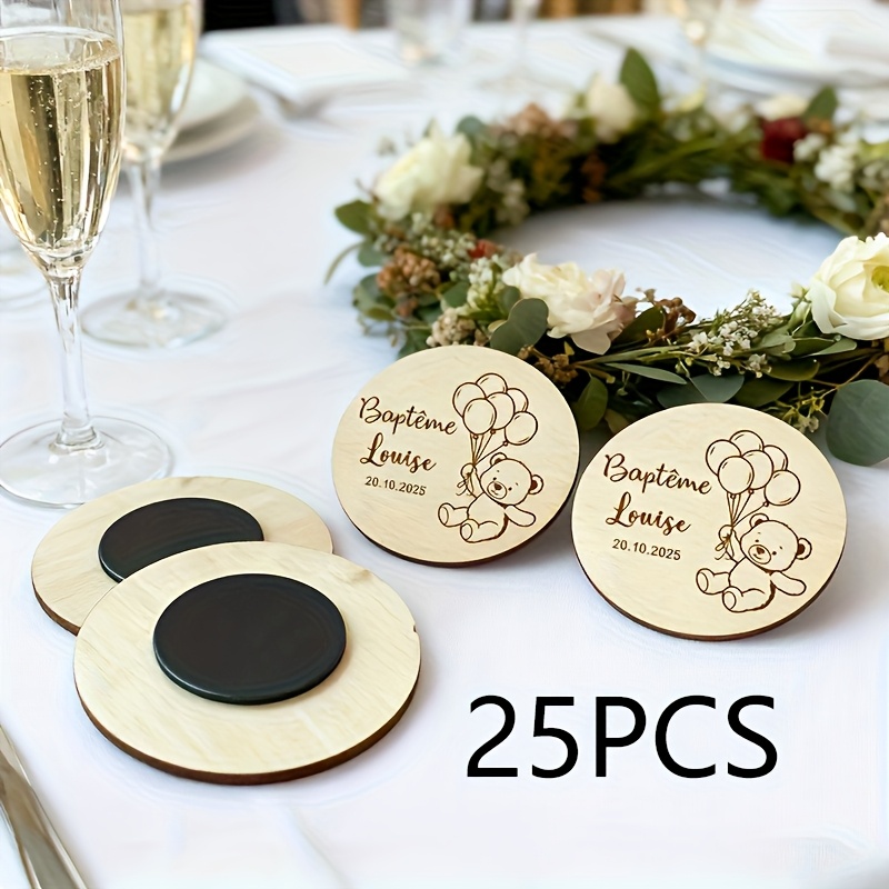 TEMU Aimant de réfrigérateur en bois personnalisé - de nom et de date sur mesure, motif rustique avec accents floraux, cadeau de baptême, cadeau de