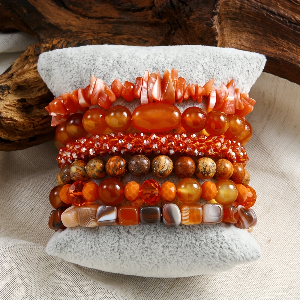 Multicolor Beaded Stackable Bracelet Set Boho Style Elastic 6pcs