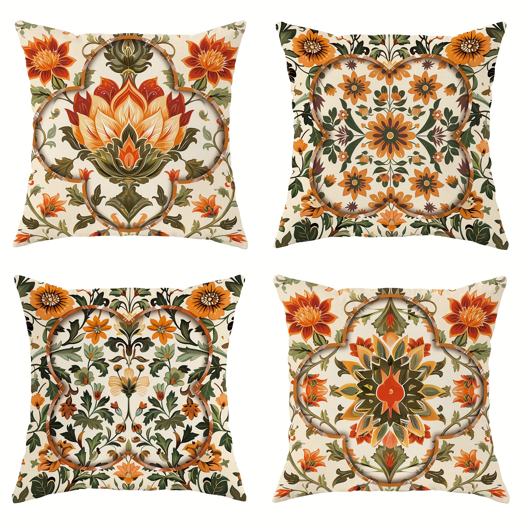 

4pcs Velvet Throw Pillow Covers Floral Pattern Green Farmhouse Turkish Decorative Pillowcases 18in*18in Suitable For Living Room Bedroom Sofa Bed Decoration Without Pillow Inserts