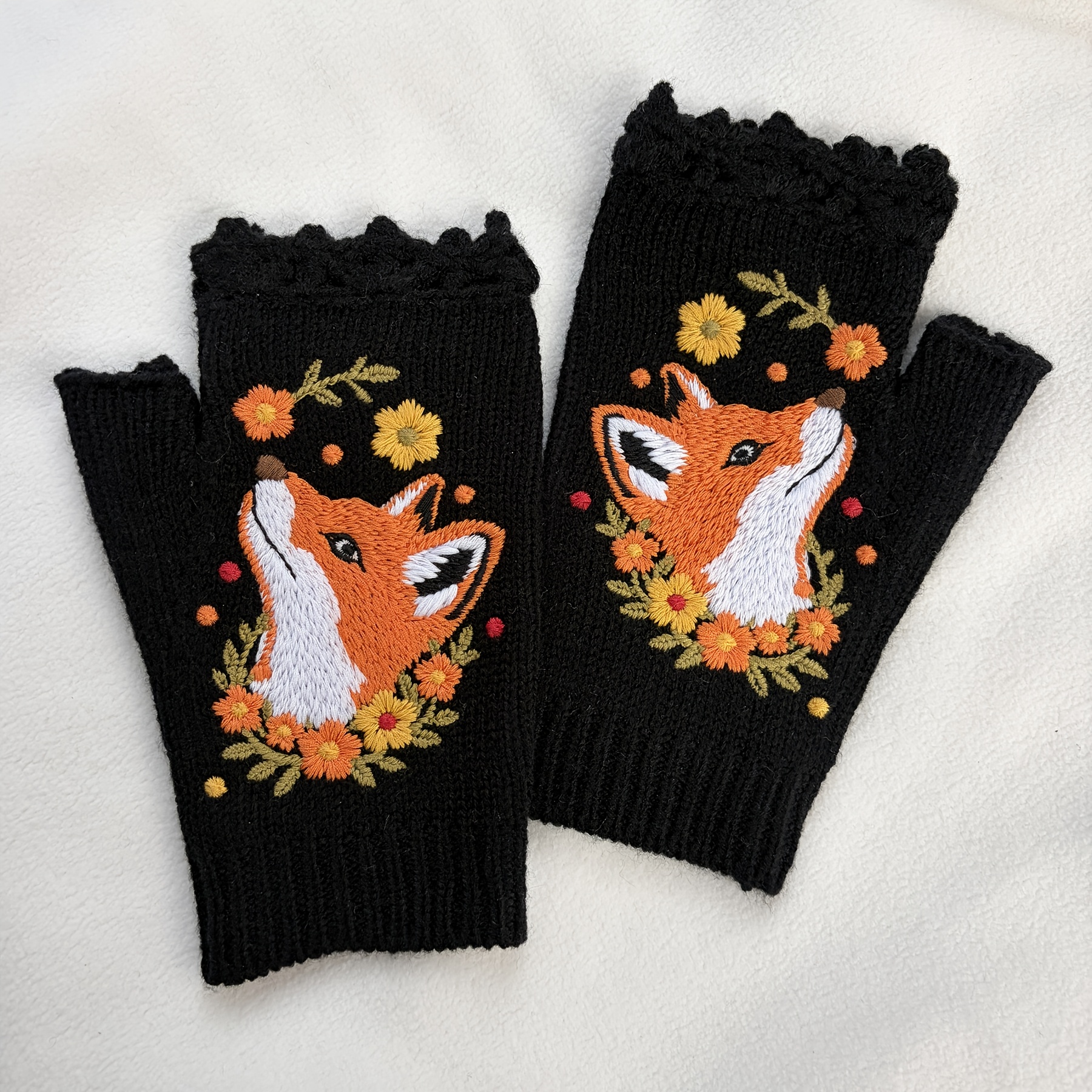 TEMU 1 Paar Frühling Herbst Ethno-Stil Halbfinger Blumenkranz Fuchs Stickerei Häkelhandschuhe, Dekorative Fingerlose Handschuhe