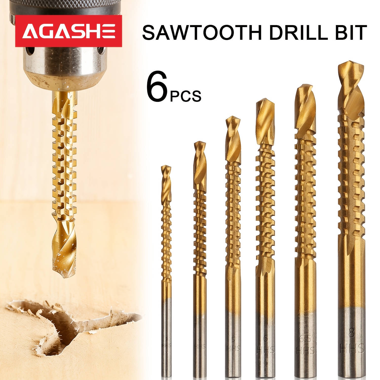 TEMU Set Of 6 -coated Sawtooth Drill Bits, From Steel, Featuring For Drilling And Side Cutting. Perfect For Slotting, Grooving, And Thin Wood, Wood