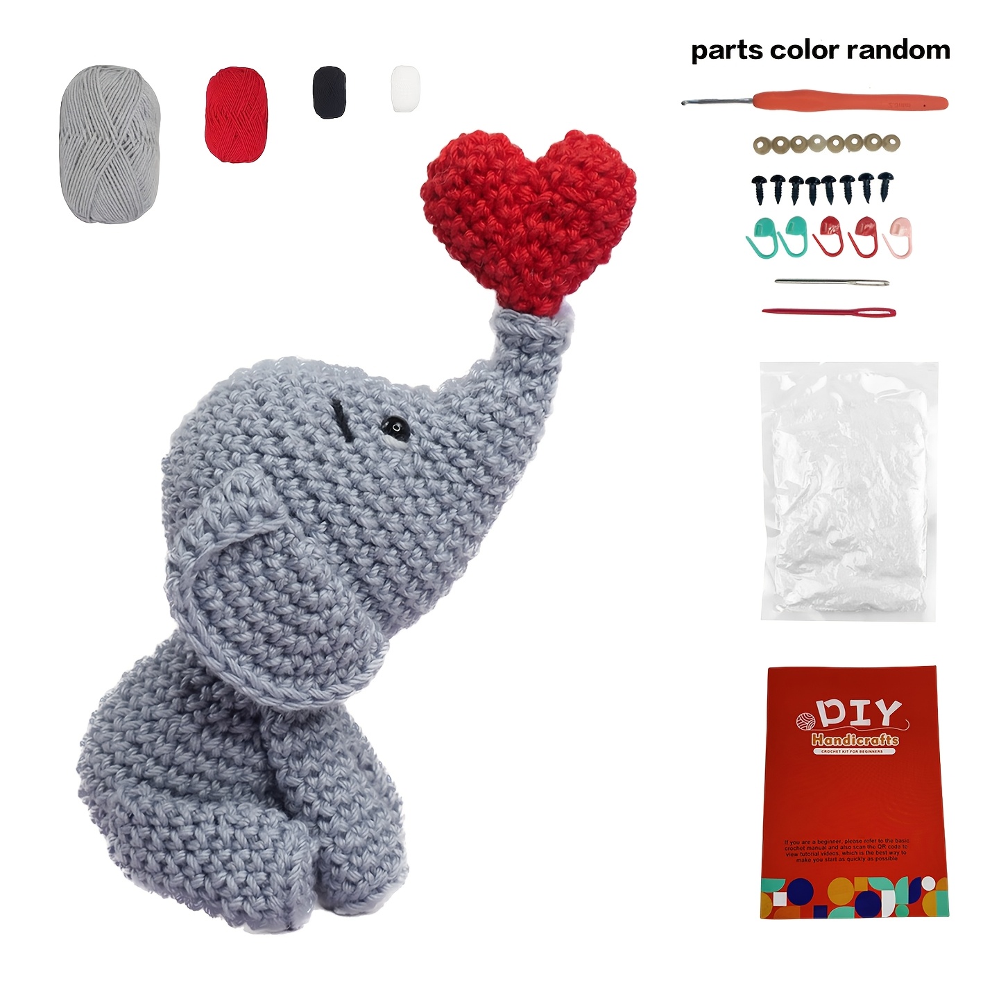 

1 Set Diy Crochet Kit For Beginners, Heart Elephant Amigurumi, Fabric Crafting Set With Text Tutorial, All , Red & Grey, Cute Home Decor, Birthday & Valentine's Day Gifts