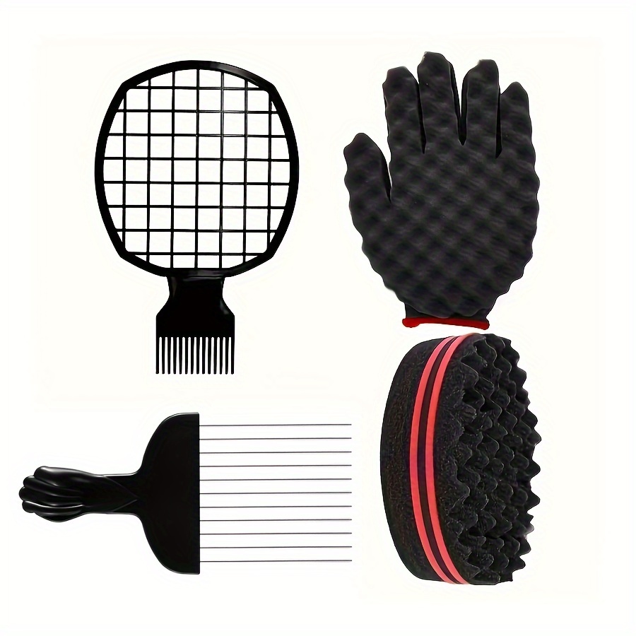 

4pcs Hair Sponge Set With Sponge Glove, Metal Hair Pick Comb, Detangler Nylon Bristle Twist Comb For Normal Hair - Afro Coil Wave Hair Care Barber Salon Use