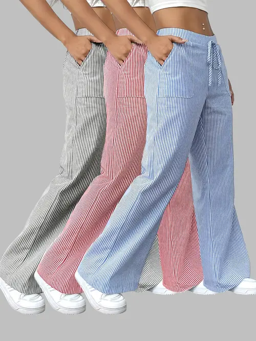 womens fashion striped pocket drawstring multi piece combination trousers
