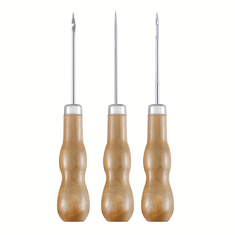 

3-pack Gourd-shaped Awl, Wooden Handle Awl For Leather Sewing And Crafts