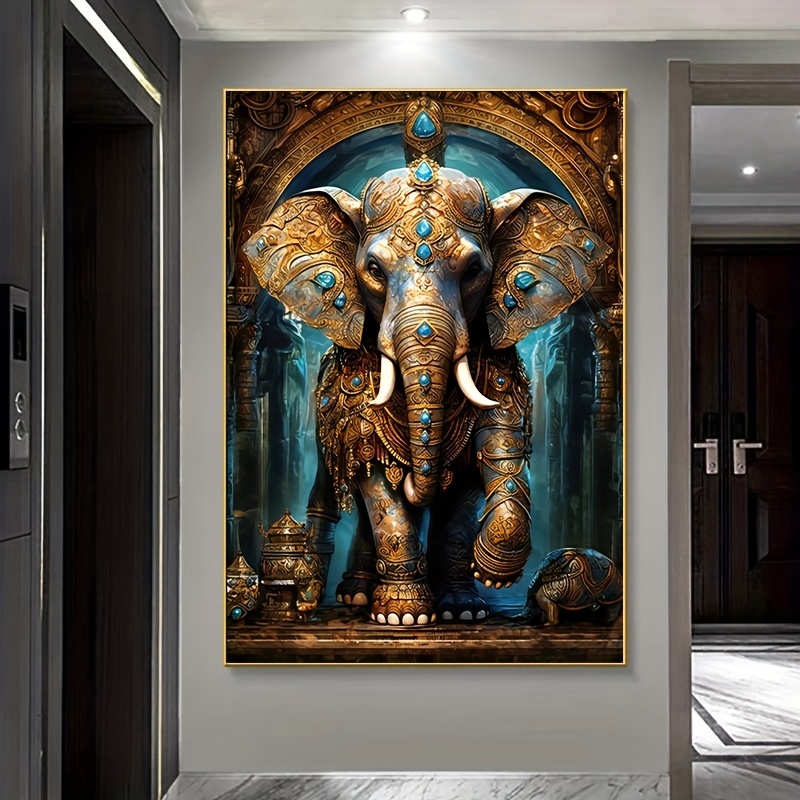 

1pc, 31.49x47.24in/80x120cm, Frameless Modern Abstract Elephant Canvas Art Print, Vibrant Blue And Golden, Decorative Wall Art For Living Room, Bedroom, Art Storage And Display