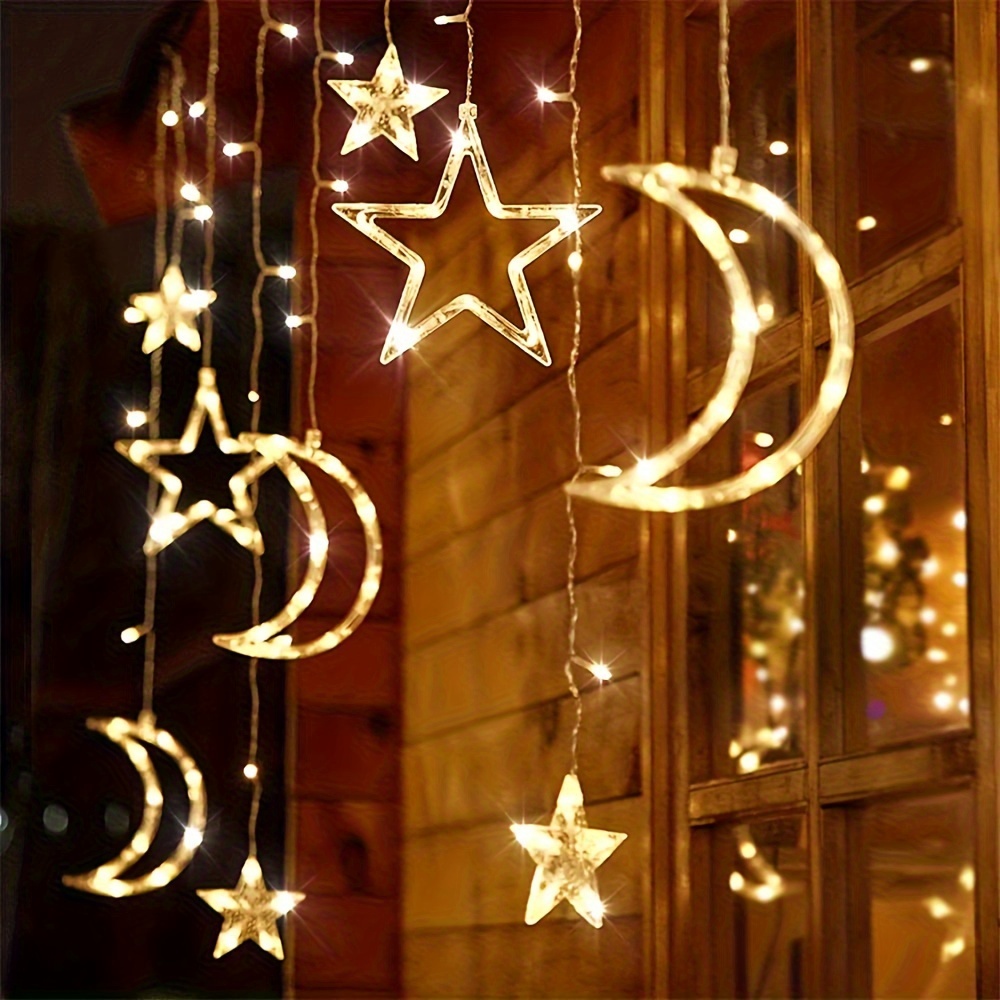 

Solar Lights Outdoor Moons Stars String Lights 138led Solar Curtain Lights Usb Rechargeable 8 Lighting Modes Timmer Remote Twinkle Fairy Lights For Patio Gazebo Ramadan Porch Window Backyard Tent