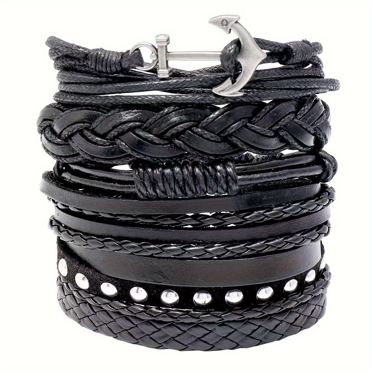 

6 Pcs Leather Braided Bracelet, Medieval Leather Cuff Wristband With Anchor