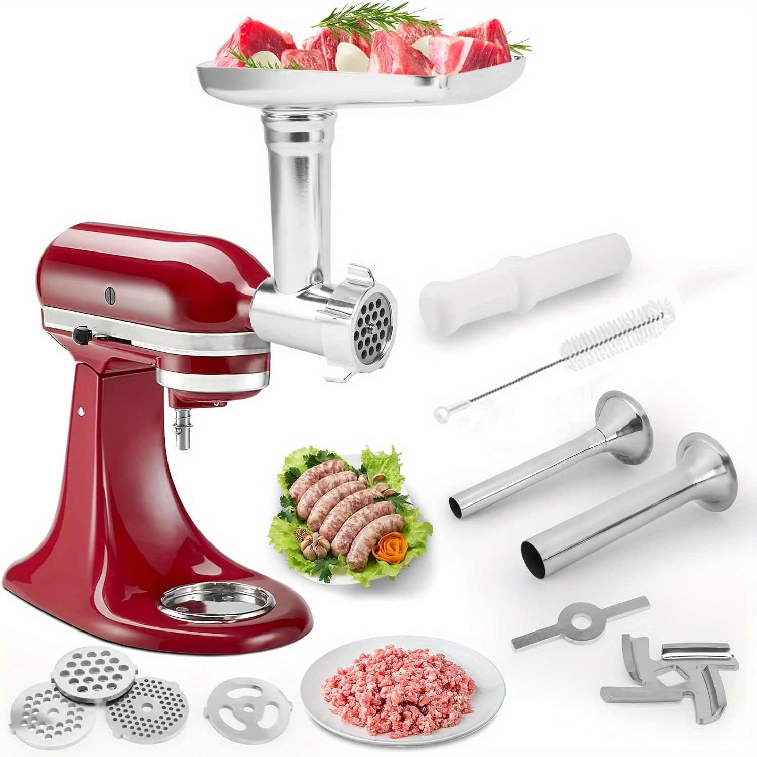 

Metal Food Grinder Attachment For Kitchen Aid Stand Mixers, Acetec Meat Grinder Attachments Included 2 Sausage Stuffer Tubes & A Holder, 4 Grinding Plates, 4 Grinding Blades, Cleaning Brush