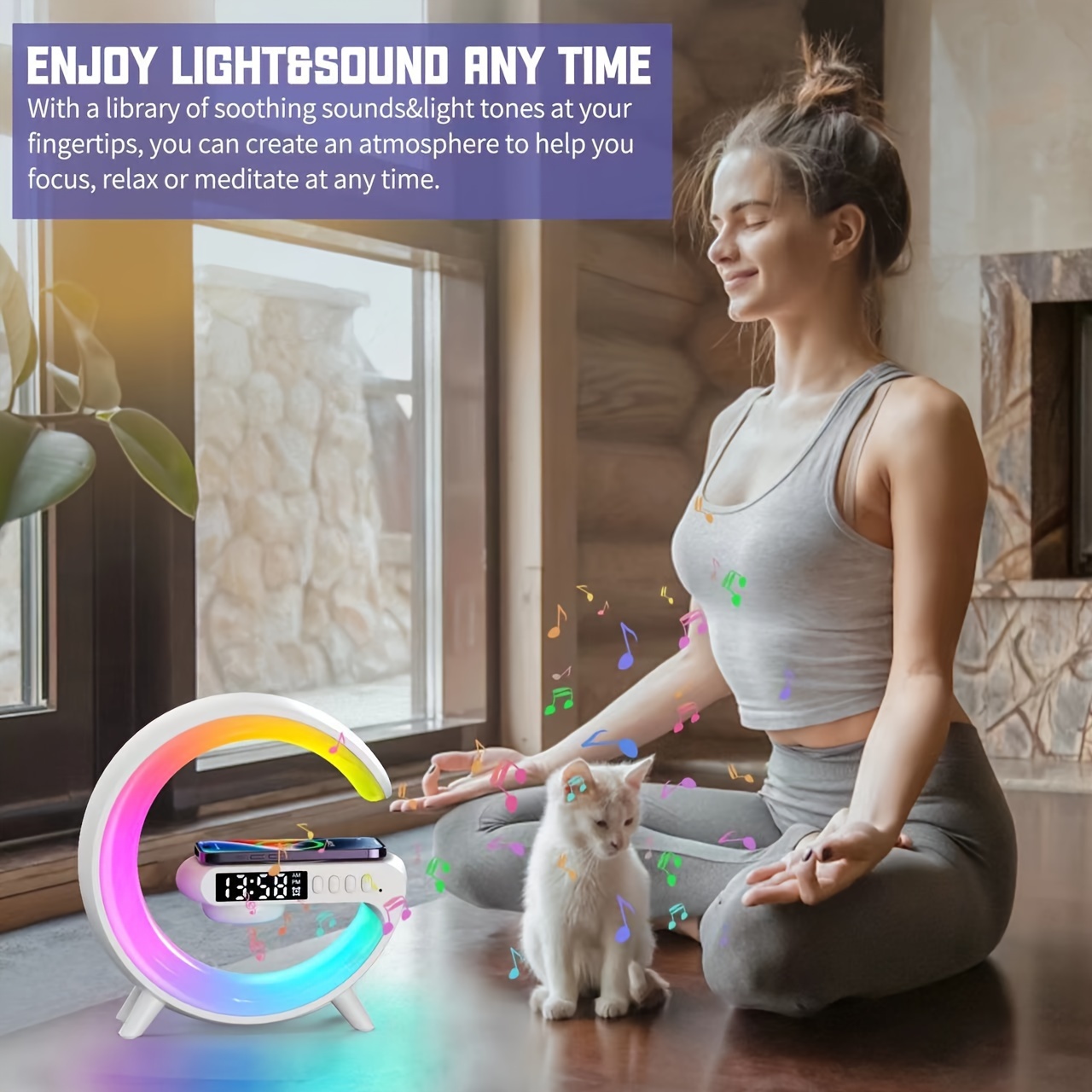Una lámpara RGB multifuncional con varios modos de iluminación, que incluye carga inalámbrica, una función de altavoz inalámbrico, un reloj de pantalla y soporte para la reproducción de tarjetas TF