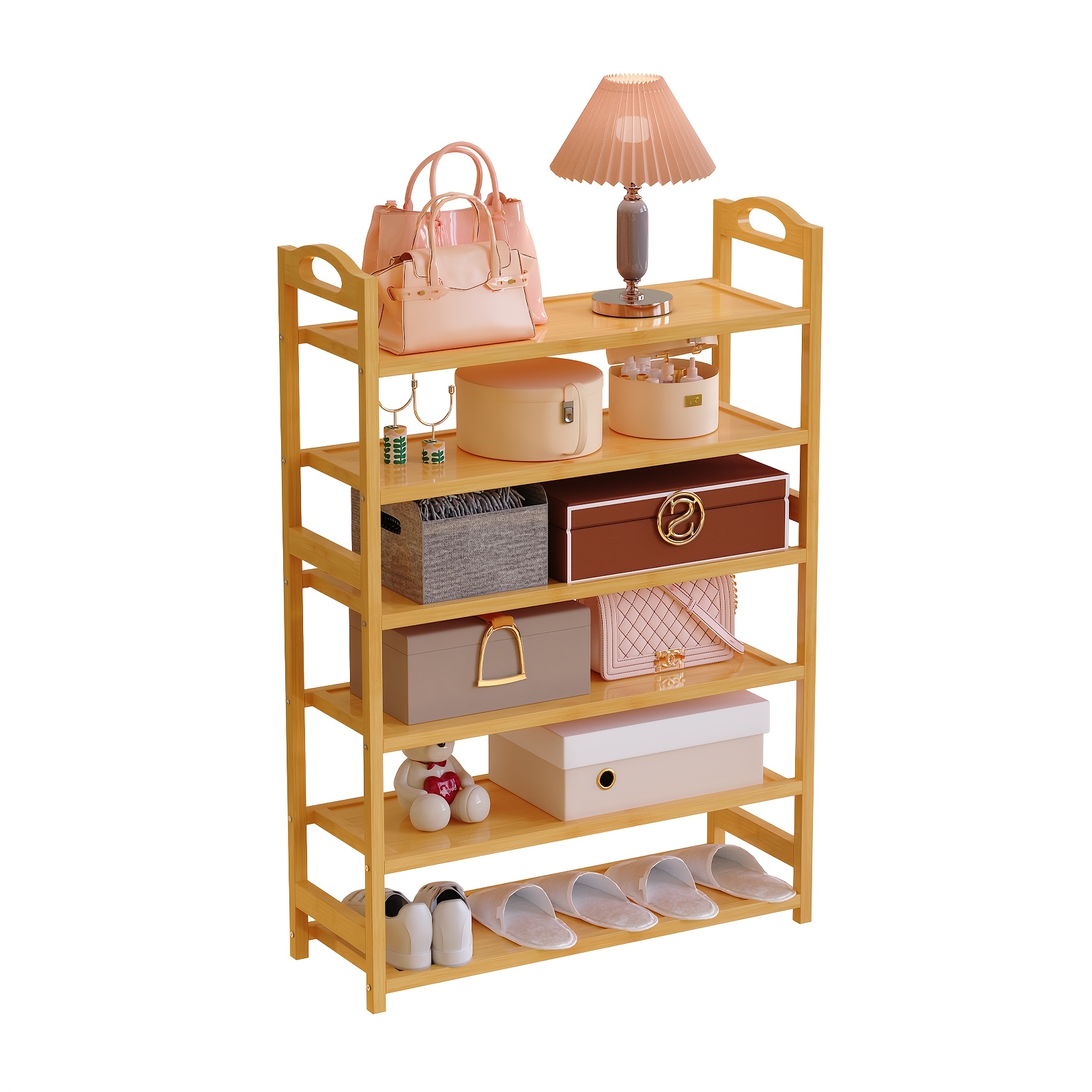 This Six-tier Bamboo Shoe Rack/cabinet Is -, Floor-standing Shoe Organizer Suitable For , Living Rooms, Bathrooms, And Other Similar Spaces.